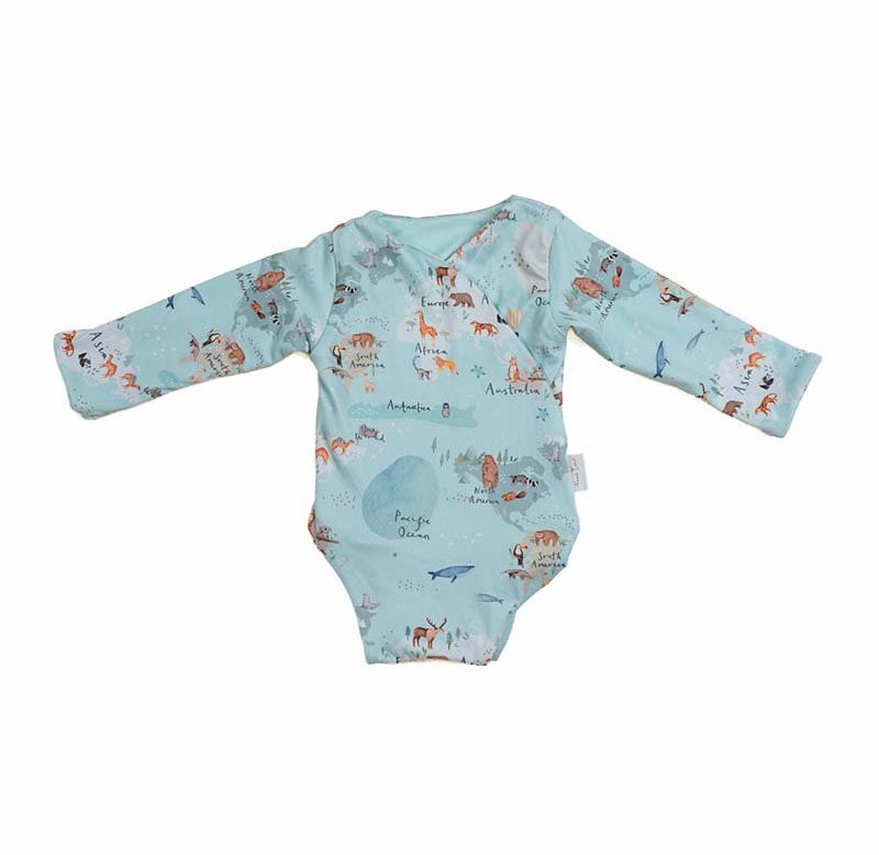 Long sleeved winged bodysuit for babies in classic brushed fabric.