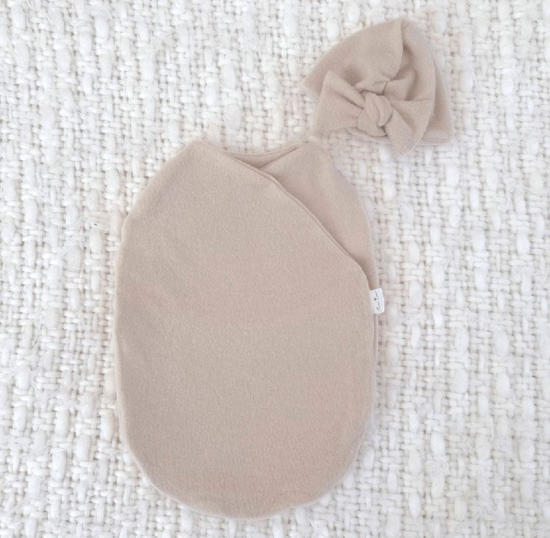 Premium Plush Latte ruched beanie with bow designed for babies.