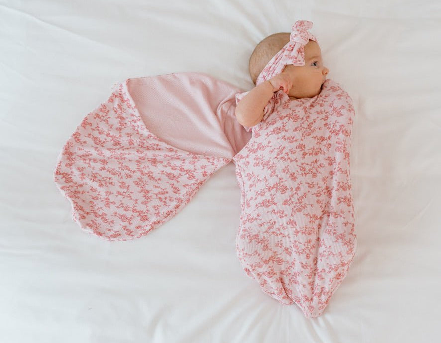 Classic brushed flutter sleeve newborn essentials bundle in bitty pink blooms design.