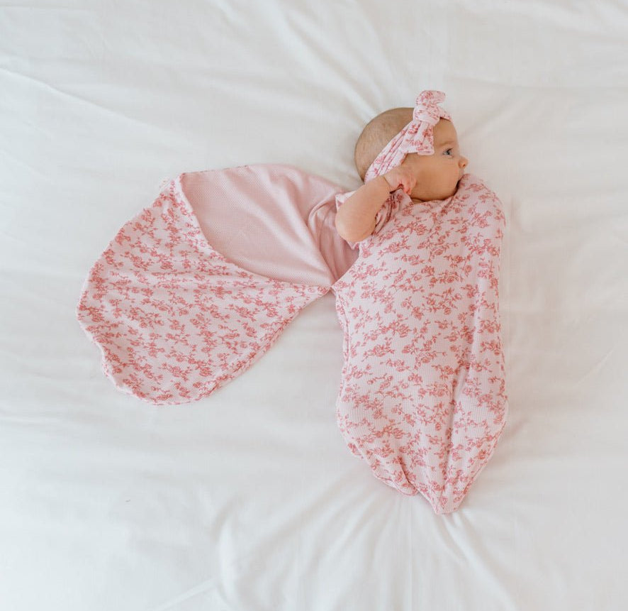 Classic brushed flutter sleeve newborn essentials bundle in bitty pink blooms design.