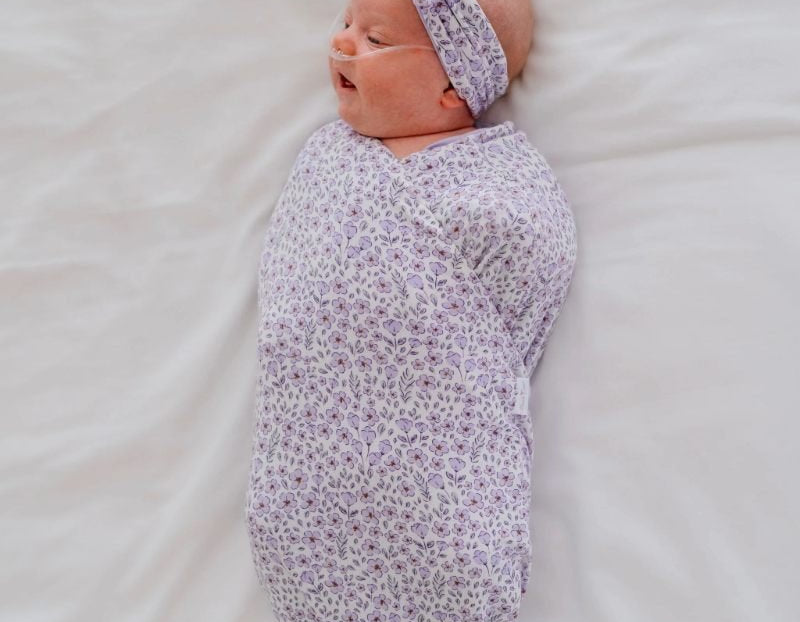 Silky modal flutter sleeve newborn essentials bundle in purple posies design.