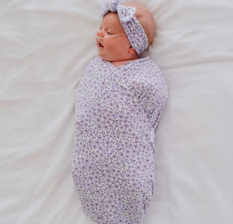 Silky modal flutter sleeve newborn essentials bundle in purple posies design.