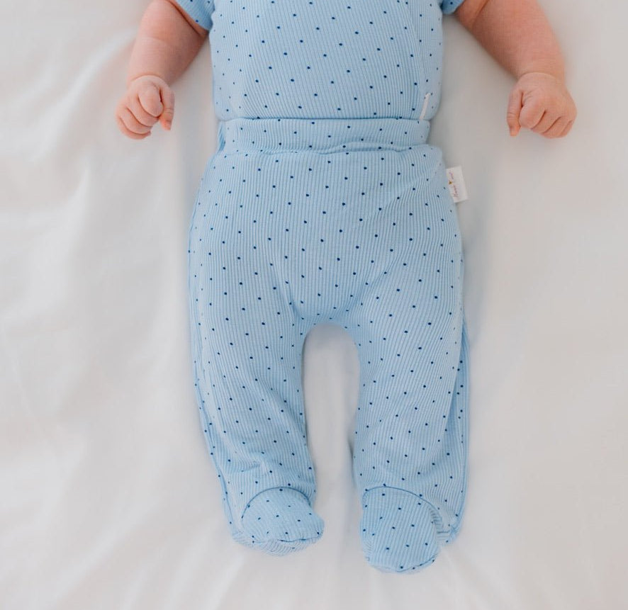 Dotted blues design footie pants from short sleeve onesie bundle.