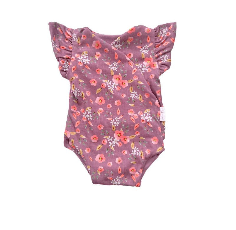 Boutique Peachy Lilac short-sleeve bodysuit for baby in luxurious Classic Brushed fabric styles.