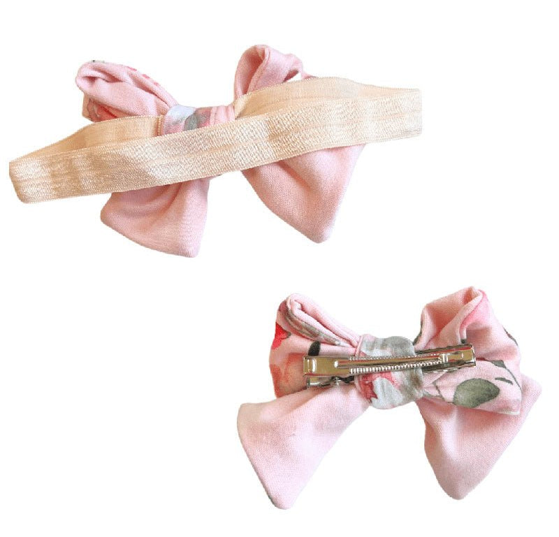 Peachy Rose Fields baby headband with bow crafted in cozy Classic Brushed fabric styles.