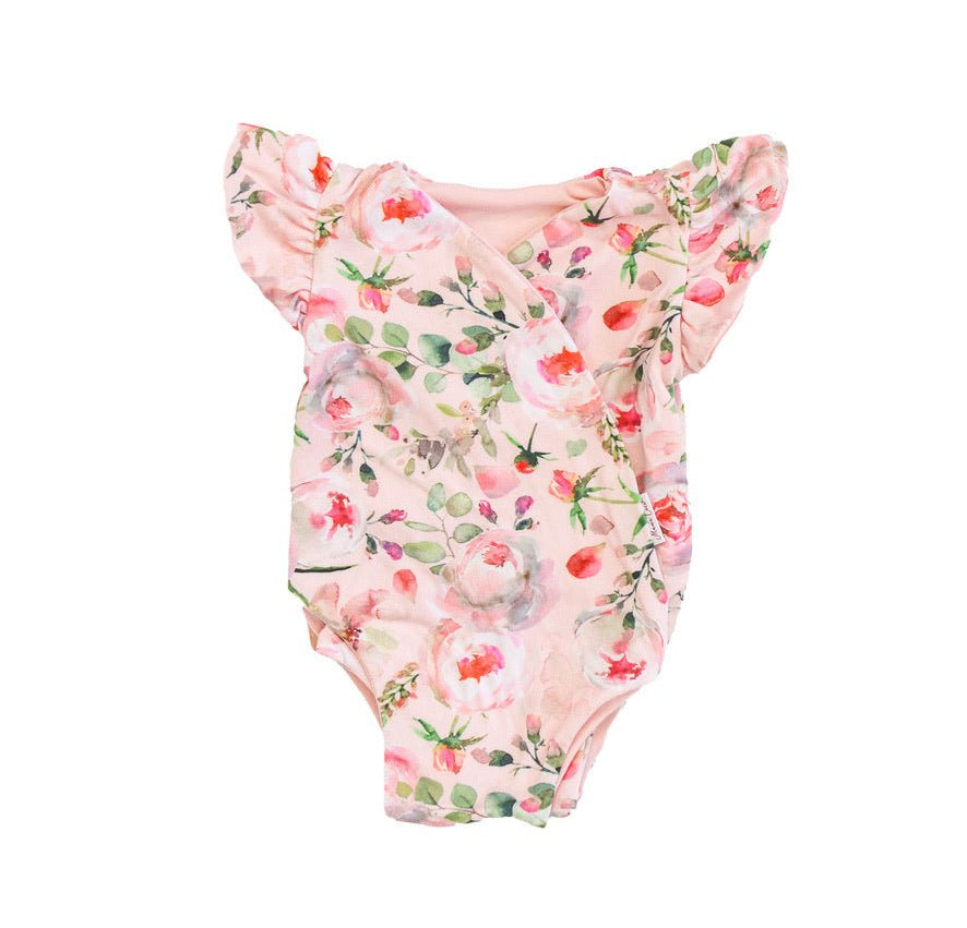Comfortable Peachy Rose Fields short-sleeve bodysuit for baby in Classic Brushed fabric styles.