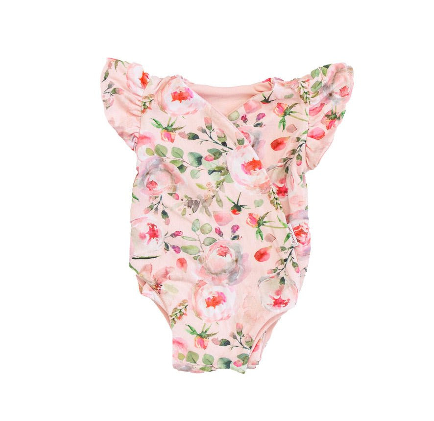 Comfortable Peachy Rose Fields short-sleeve bodysuit for baby in Classic Brushed fabric styles.