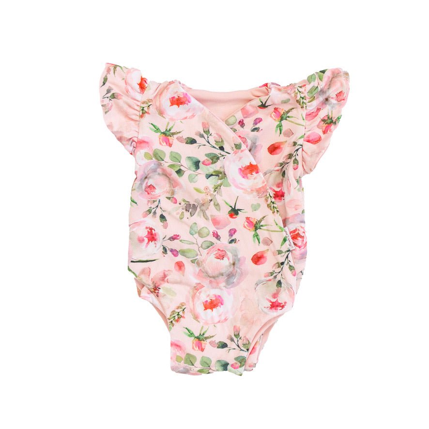 Comfortable Peachy Rose Fields short-sleeve bodysuit for baby in Classic Brushed fabric styles.