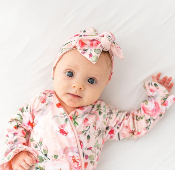 Ruffle cuff baby bodysuit with wings in Peachy Rose Fields design classic brushed fabric for babies.