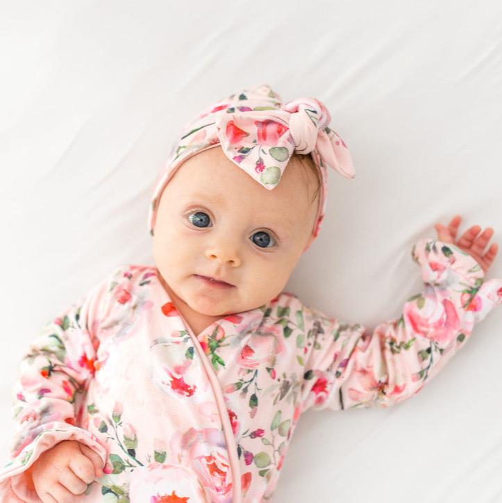 Ruffle cuff baby bodysuit with wings in Peachy Rose Fields design classic brushed fabric for babies.