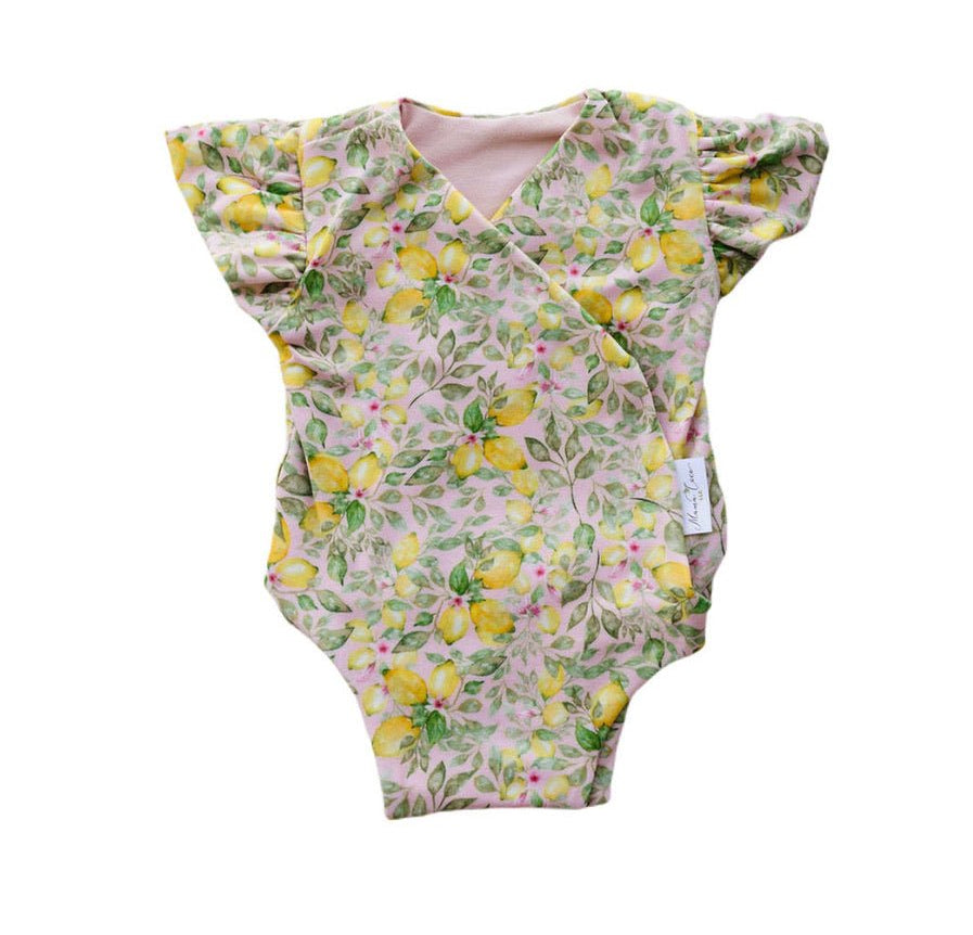 Floral Pink Lemonade short-sleeve bodysuit for baby in Classic Brushed fabric styles.