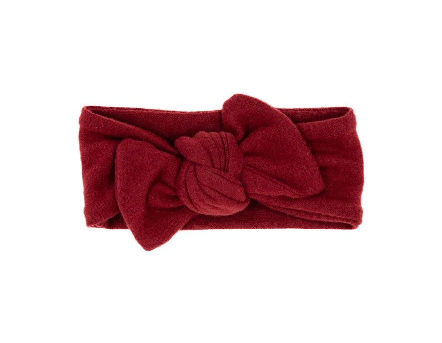 Soft and elegant baby headwrap with bow in Plush Dark Cherry fabric.