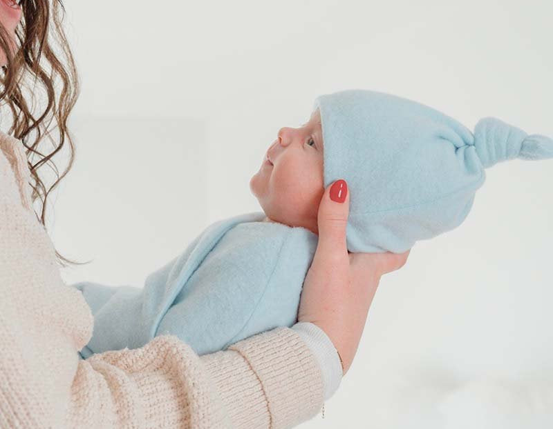 Adorable knotty beanie available in luxurious Plush Powder Blue fabric.