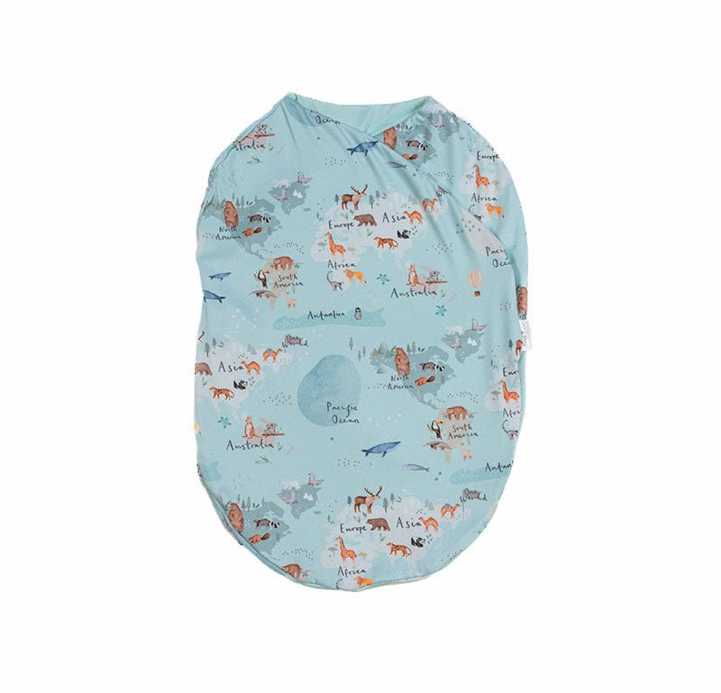 Gentle Silky Modal baby cocoon swaddle with classic World Traveler print.
