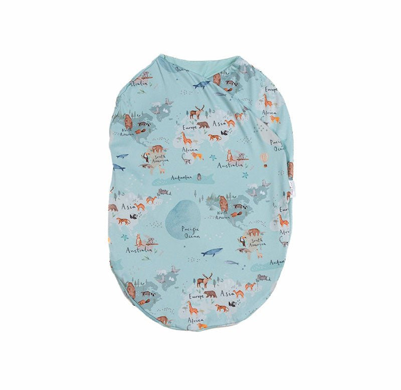 Gentle Silky Modal baby cocoon swaddle with classic World Traveler print.