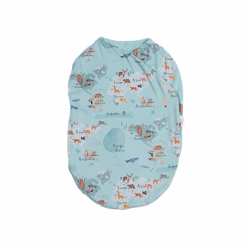 Gentle Silky Modal baby cocoon swaddle with classic World Traveler print.