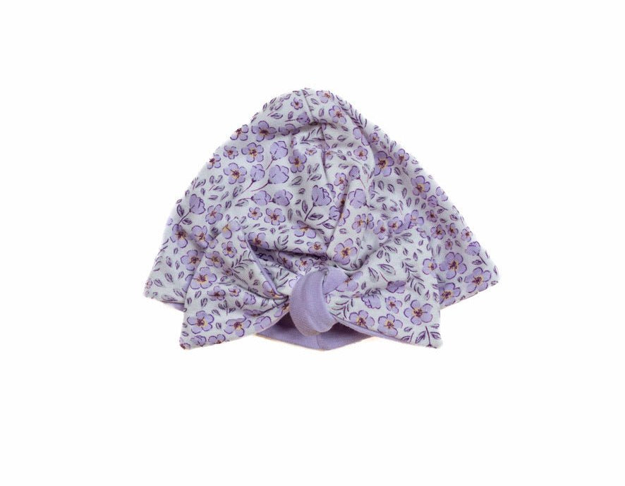 Purple posies design reversible baby knotty beanie in silky modal fabric.