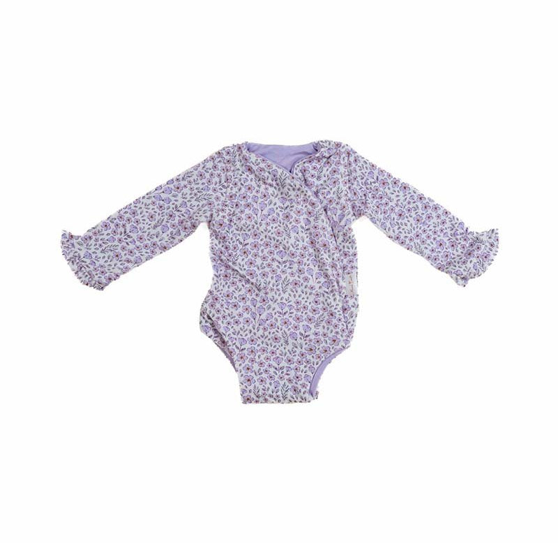 Purple Posies design ruffle cuff long sleeve winged bodysuit in silky modal fabric.