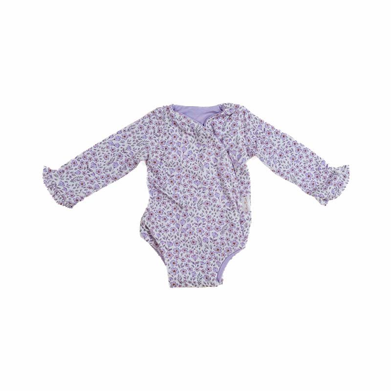 Purple Posies design ruffle cuff long sleeve winged bodysuit in silky modal fabric.