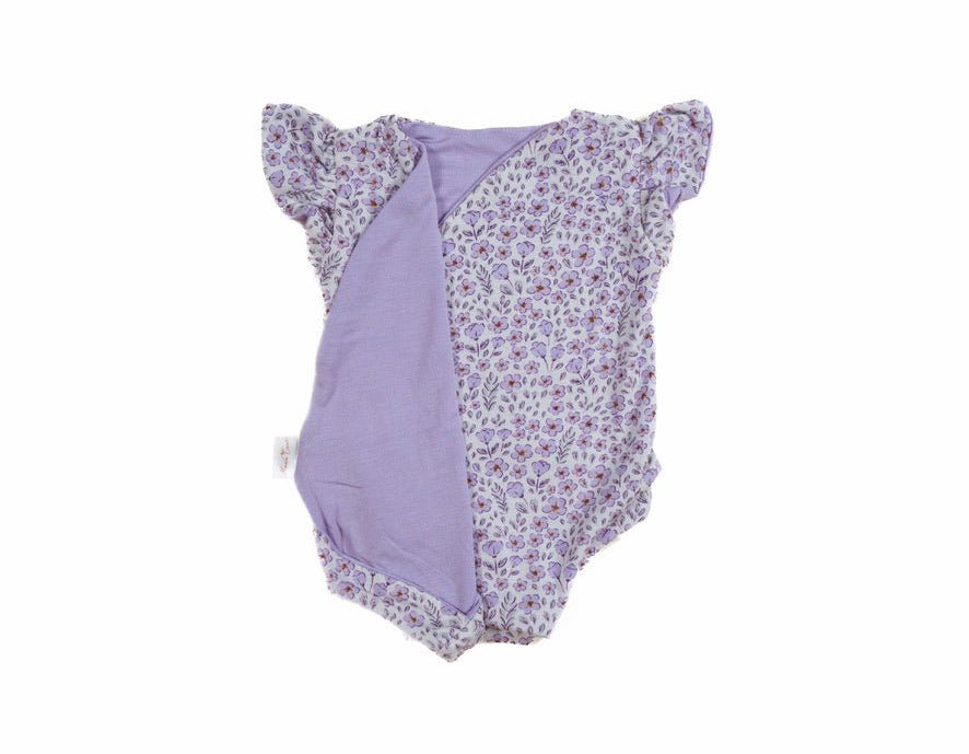 Purple posies design flutter sleeve baby onesie in silky modal fabric.