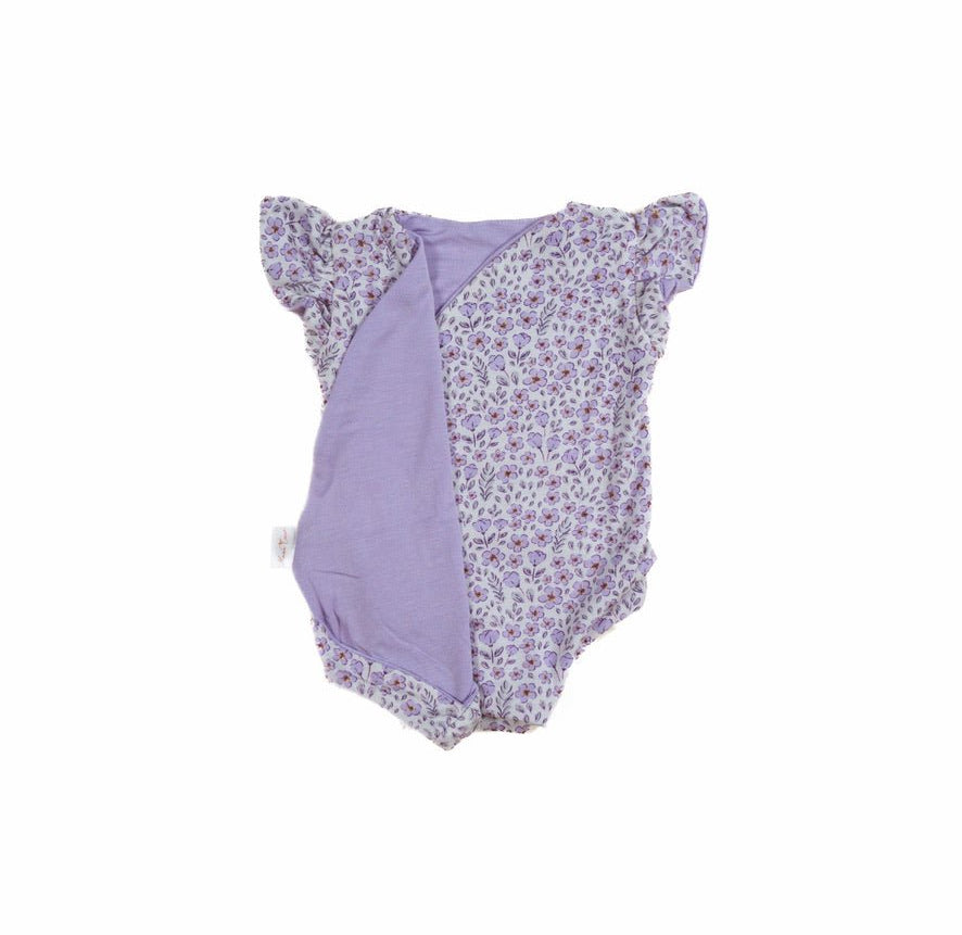 Purple posies design flutter sleeve baby onesie in silky modal fabric.