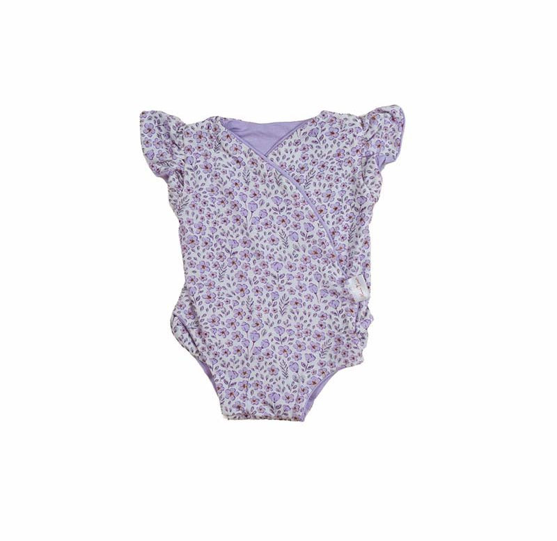 Purple Posies design flutter sleeve baby winged bodysuit in silky modal fabric.