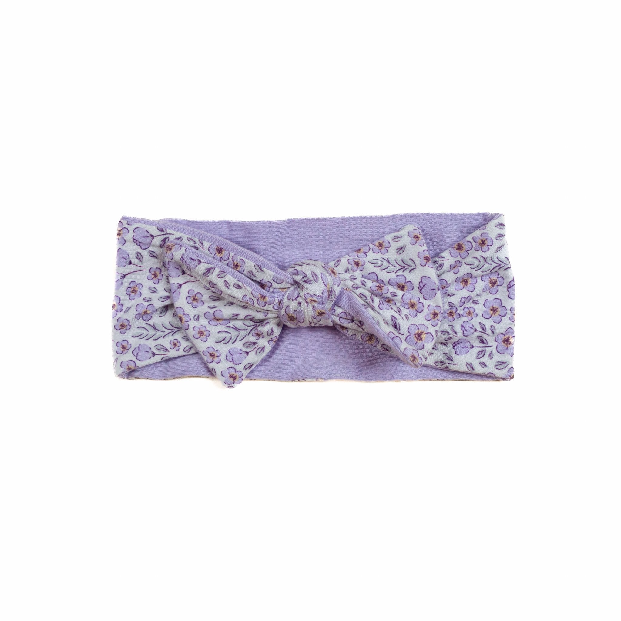 Soft and elegant headwrap with bow in Purple Posies fabric.
