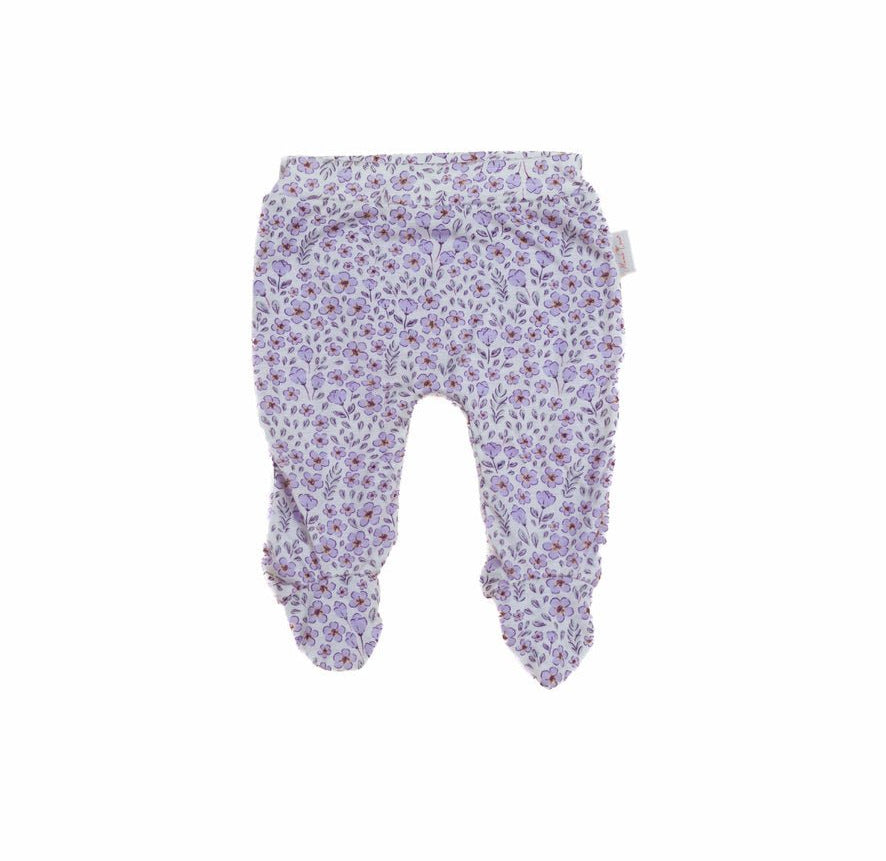 Reversible baby footie pants in purple posies design.