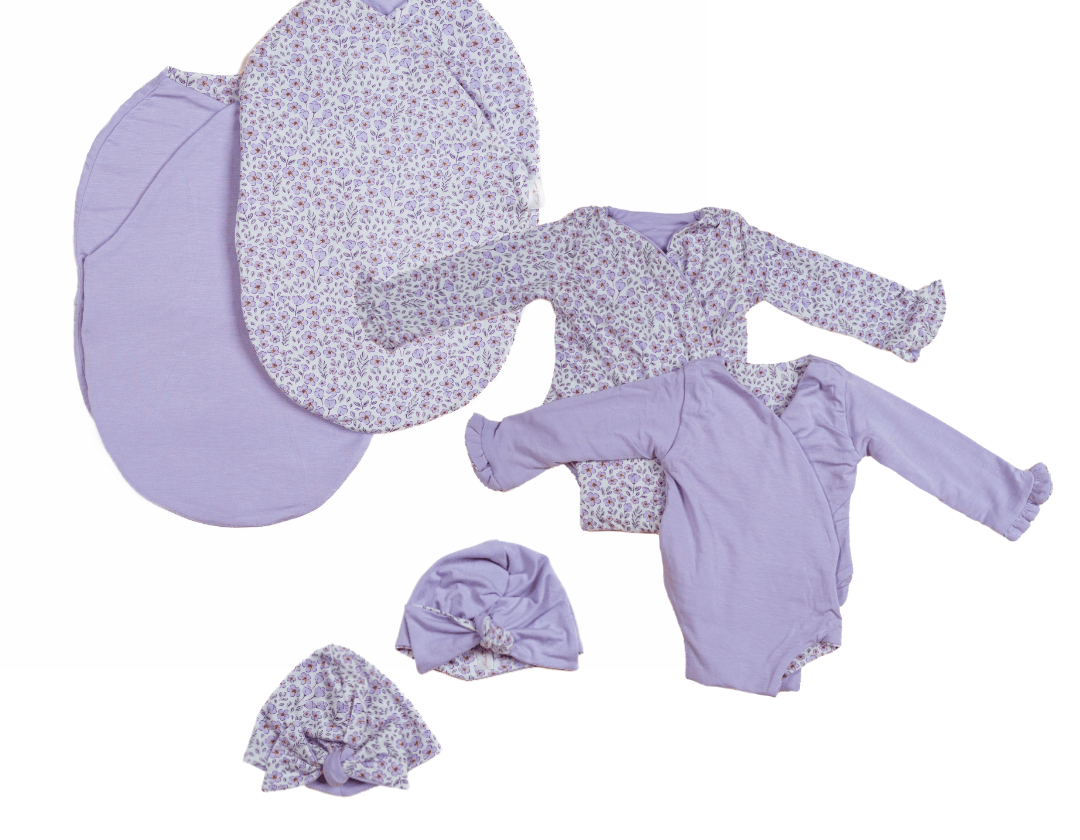 Silky modal long sleeve newborn baby bundle, featuring adorable ruffle cuffs in purple posies design.