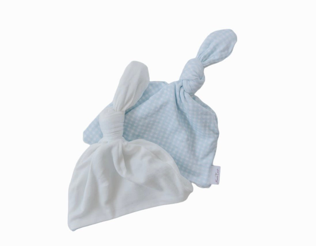 Reversible silky modal knotty beanie in baby blue gingham design.