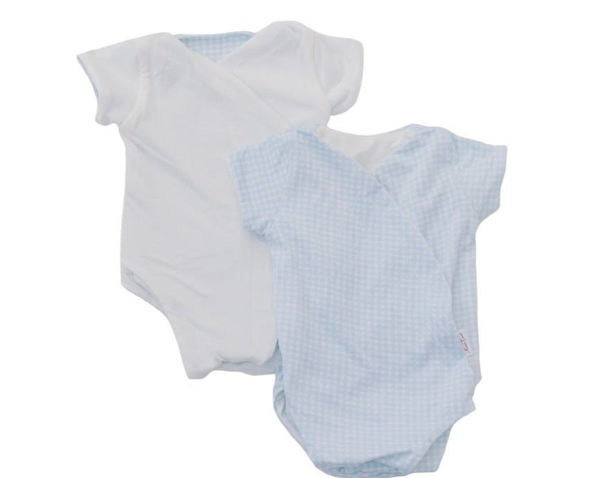 Reversible baby blue gingham design short-sleeve baby onesie in silky modal fabric.