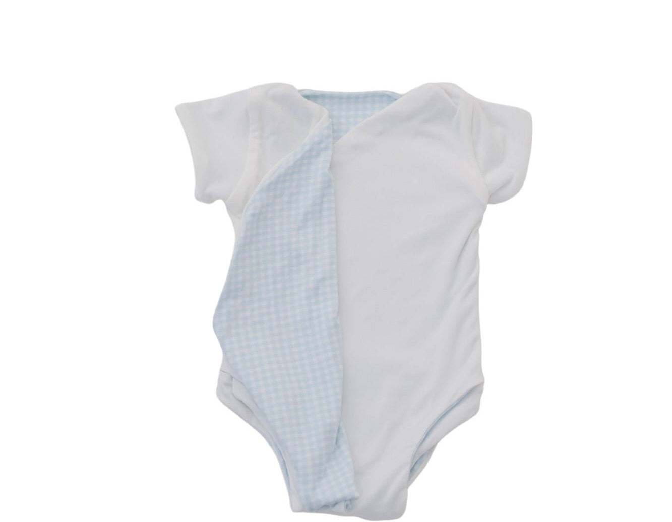 Reversible Baby Blue Gingham design short sleeved winged bodysuit in silky modal fabric.