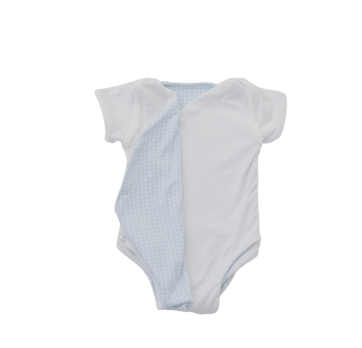 Reversible Baby Blue Gingham design short-sleeved winged bodysuit in silky modal fabric.