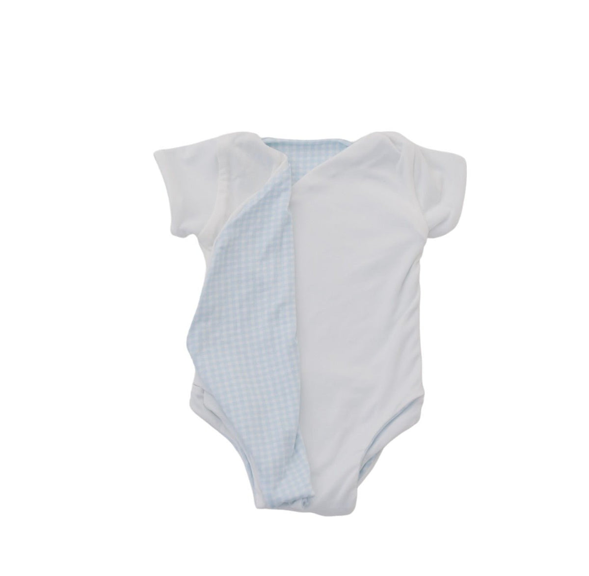 Reversible Baby Blue Gingham design short-sleeved winged bodysuit in silky modal fabric.