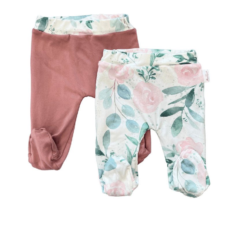 Reversible blushing eucalyptus design footie pants.