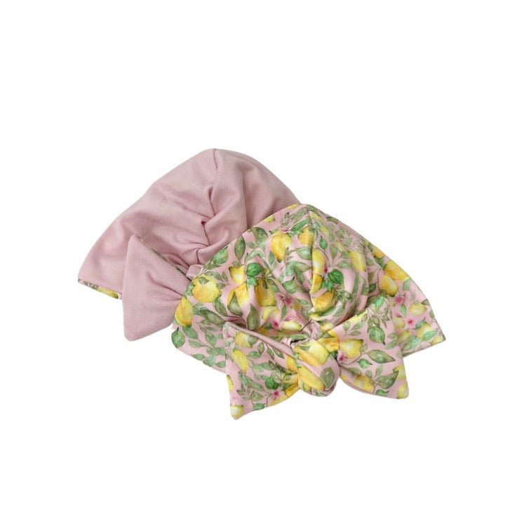 Reversible pink lemonade design baby knotty beanie.