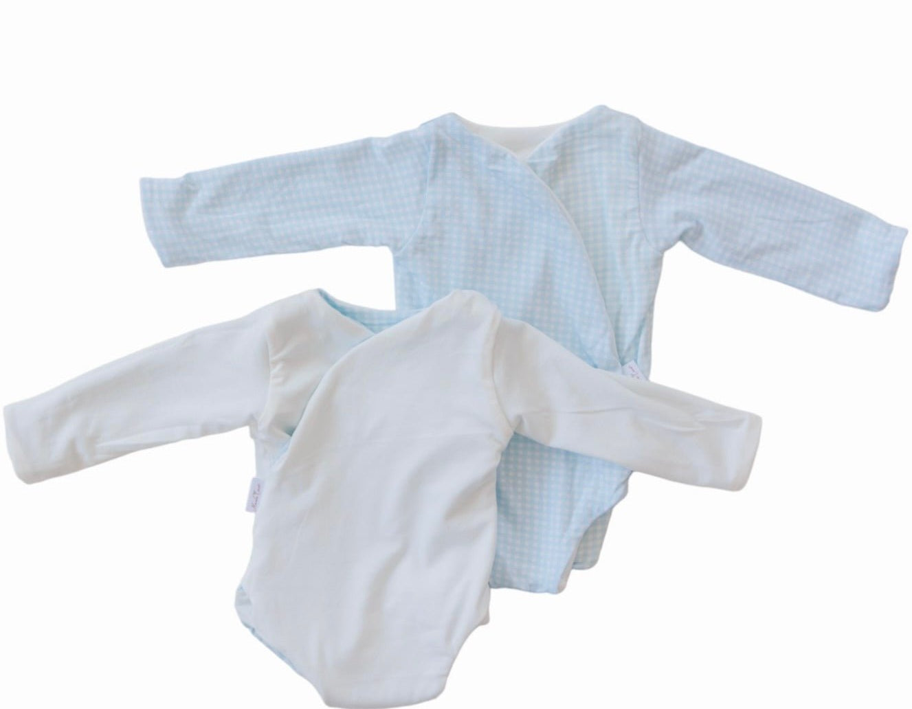 Reversible bodysuit in baby blue gingham design from our long-sleeve onesie outfit bundle.
