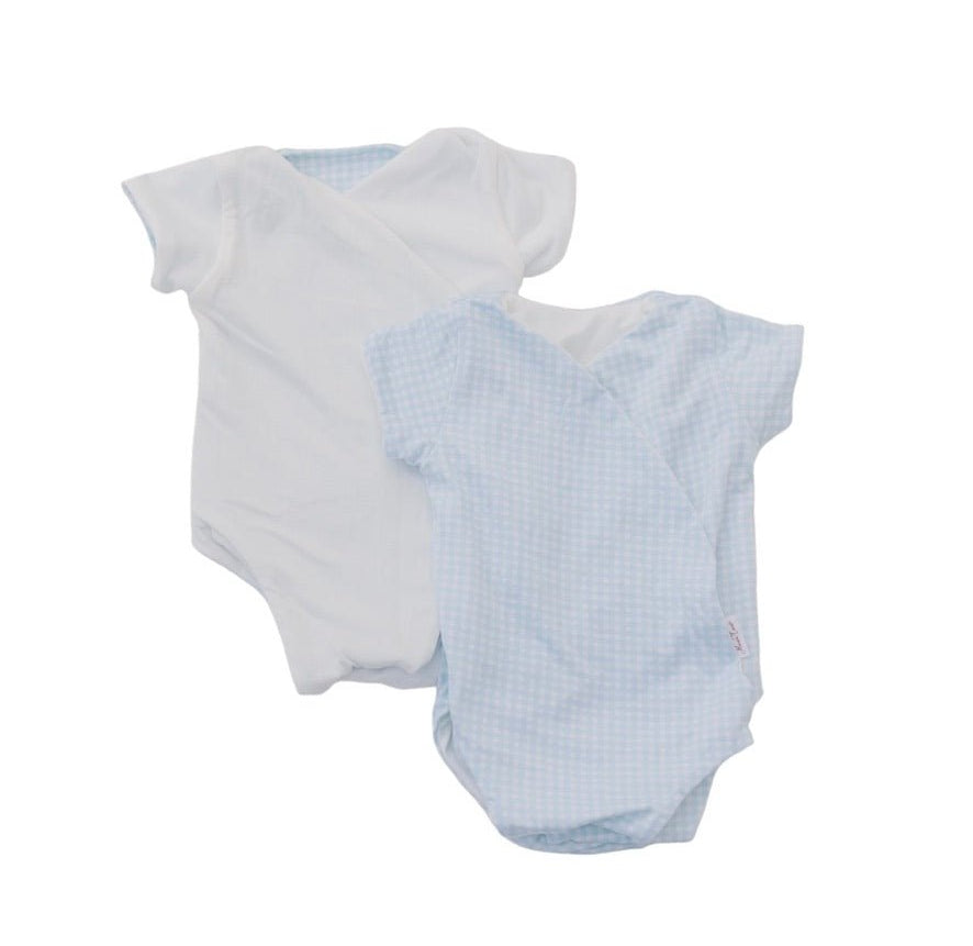 Reversible baby winged bodysuit in baby blue gingham design from our short-sleeve onesie outfit bundle.
