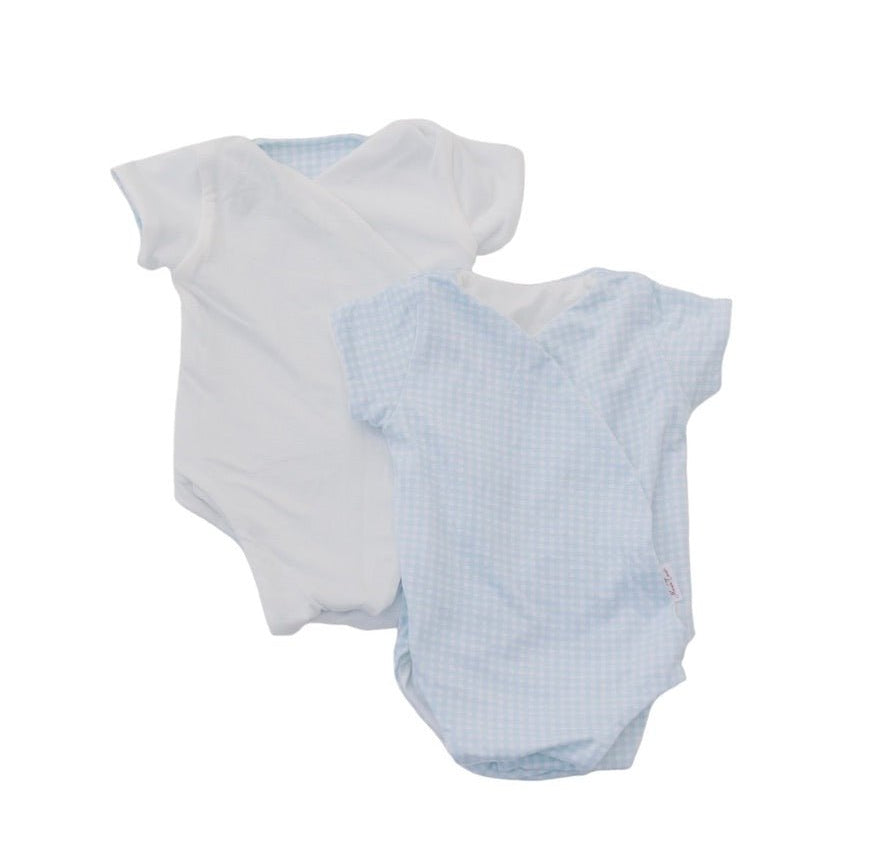 Reversible baby winged bodysuit in baby blue gingham design from our short-sleeve onesie outfit bundle.