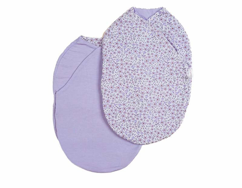 Reversible purple posies design cocoon baby swaddle in silky modal fabric.