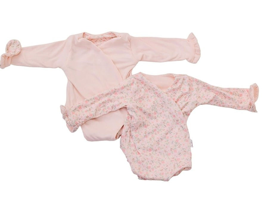 Reversible dusty roses long sleeve ruffle cuff baby onesie.