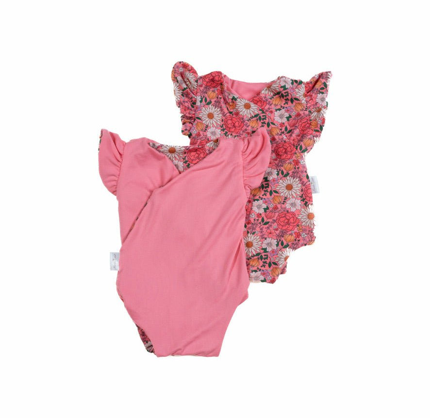 Reversible short-sleeve bodysuit for baby in Classic Brushed fabric styles featuring Flower Power.