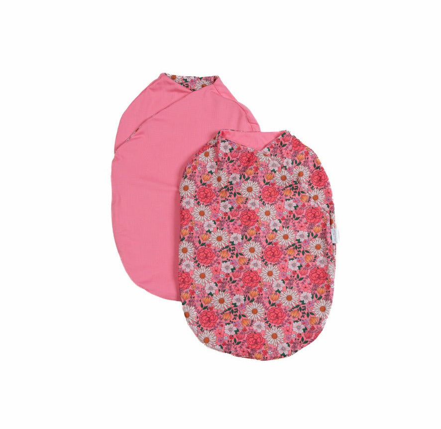 Reversible Flower Power design baby cocoon swaddle.