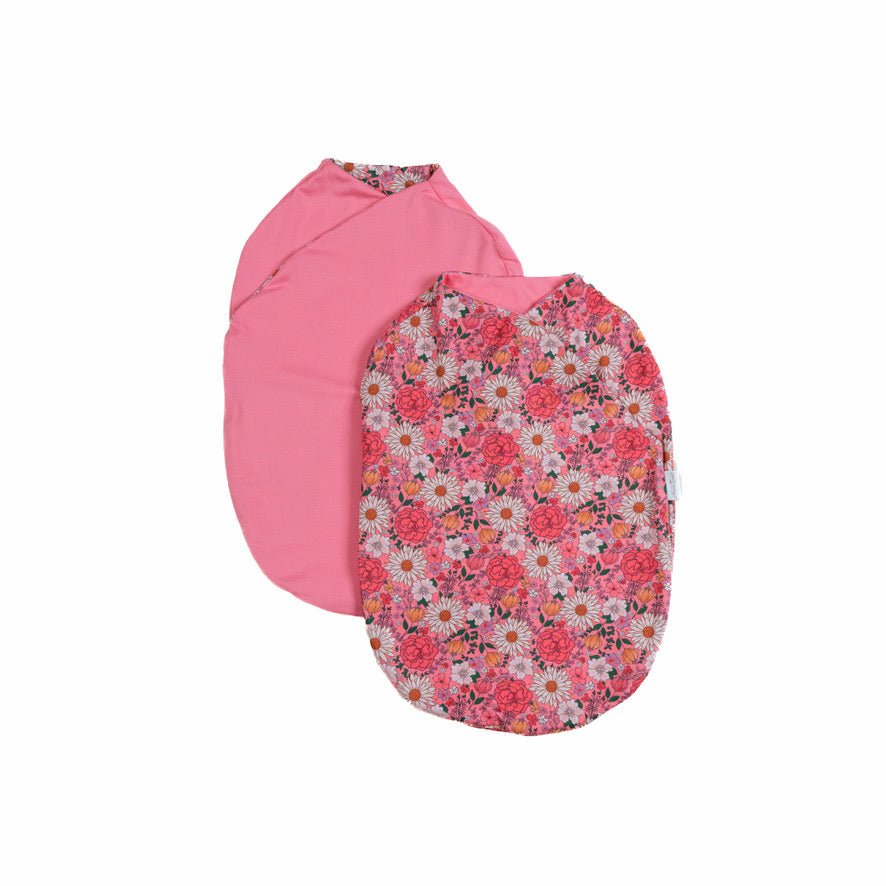 Reversible Flower Power design baby cocoon swaddle.