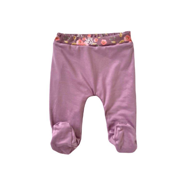 Reversible Peachy Lilac print baby footie pants created from premium bamboo cotton material.