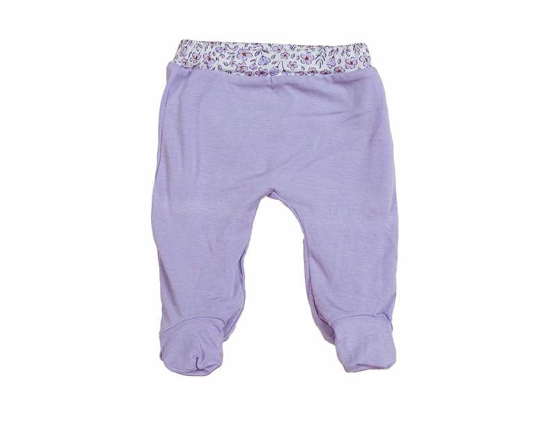 Reversible baby footie pants designed in silky modal fabric featuring our Purple Posies design.
