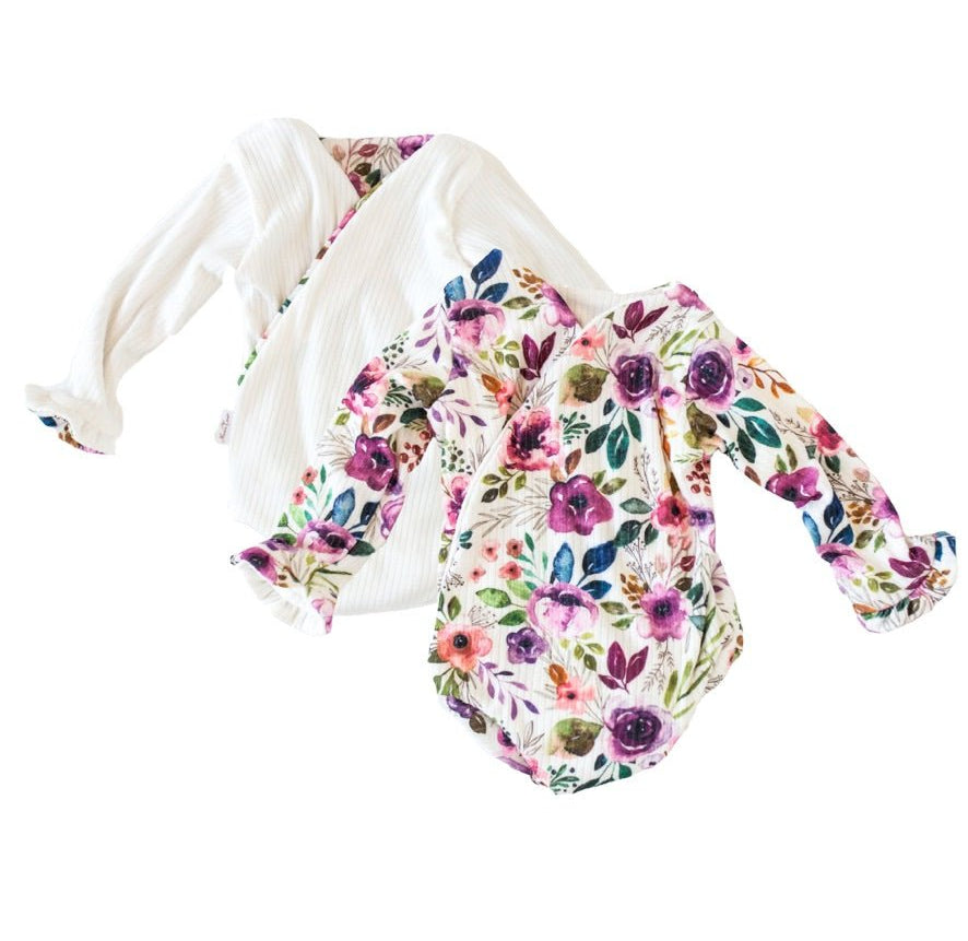 Reversible ruffle cuff baby bodysuit with wings in Ivory Wildflowers design classic brushed fabric for babies.