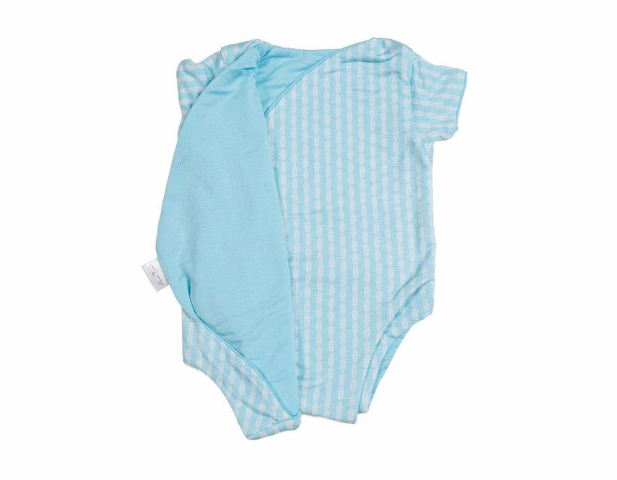 Reversible lil surfer design short-sleeve baby onesie in silky modal fabric.