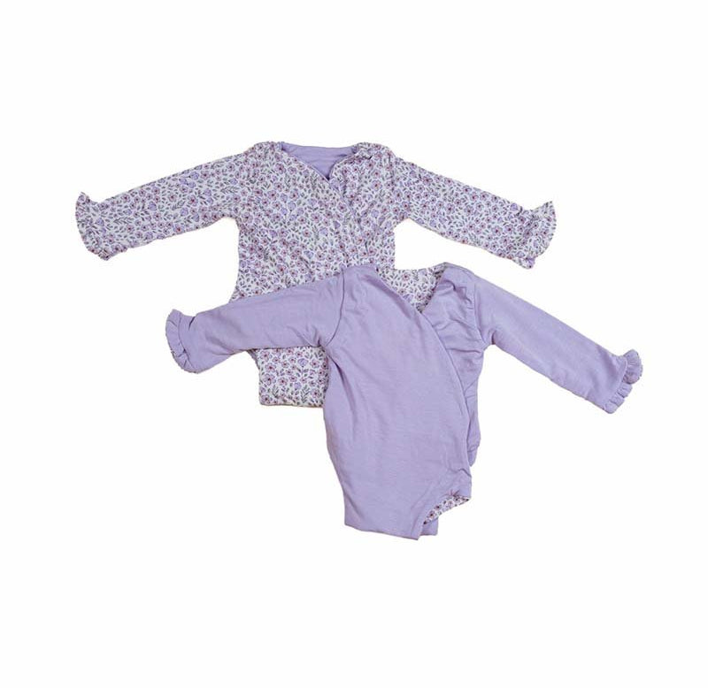 Reversible baby pink gingham design ruffle cuff long sleeve winged bodysuit.