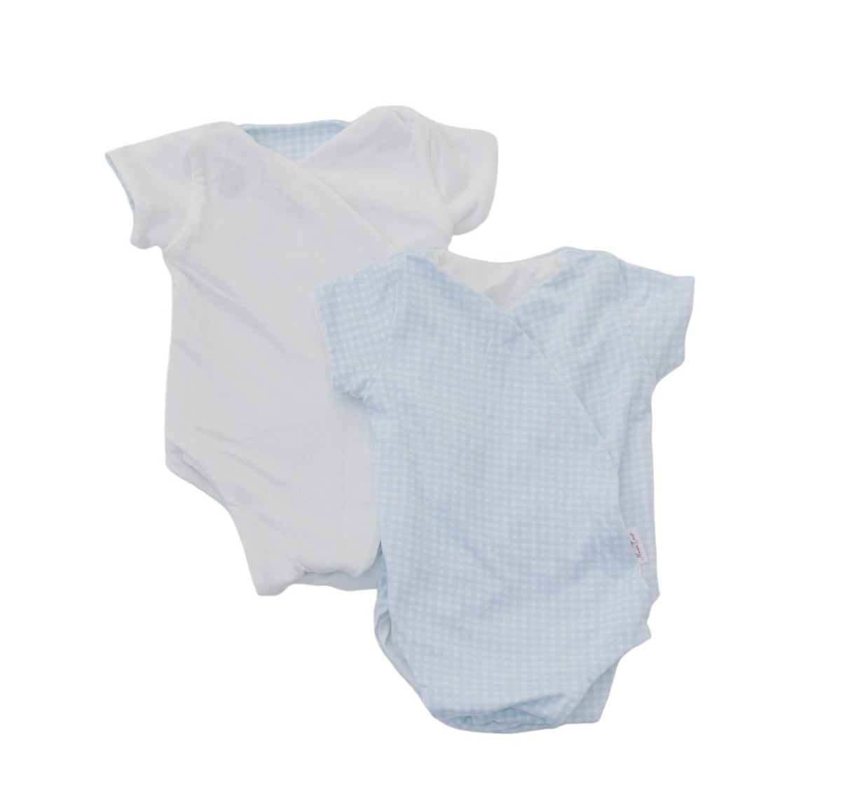 Reversible Baby Blue Gingham design short-sleeved winged bodysuit.